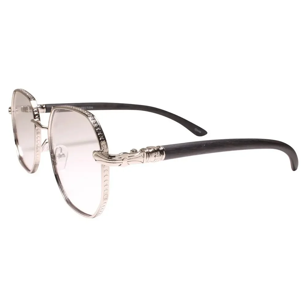 Silver Elegant Ornate Frame Faux Wood Temple Square Clear Lens Glasses
